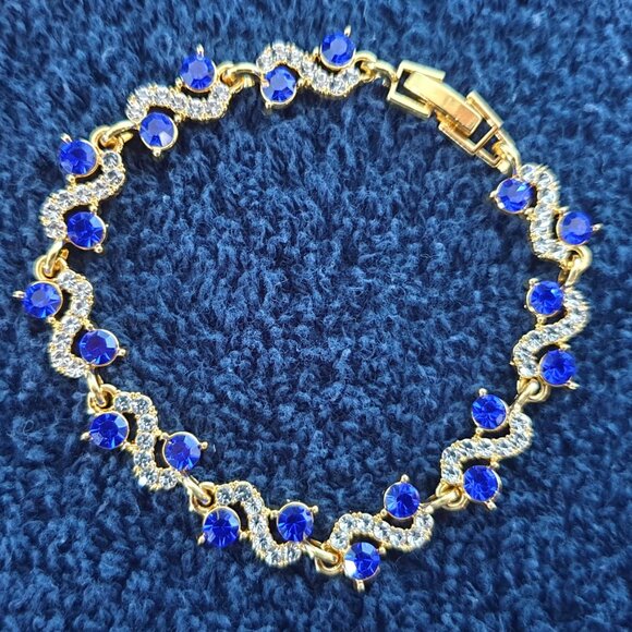 Beautiful Dark Blue Crystal White CZ Yellow Gold Tone Bracelet - Picture 7 of 11